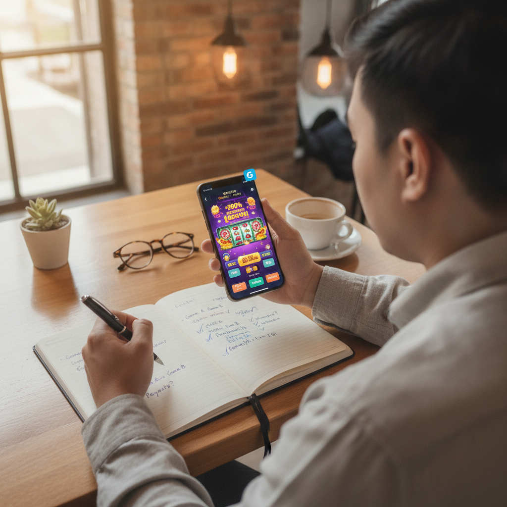 Filipino player comparing online casino bonus offers on mobile phone while taking notes